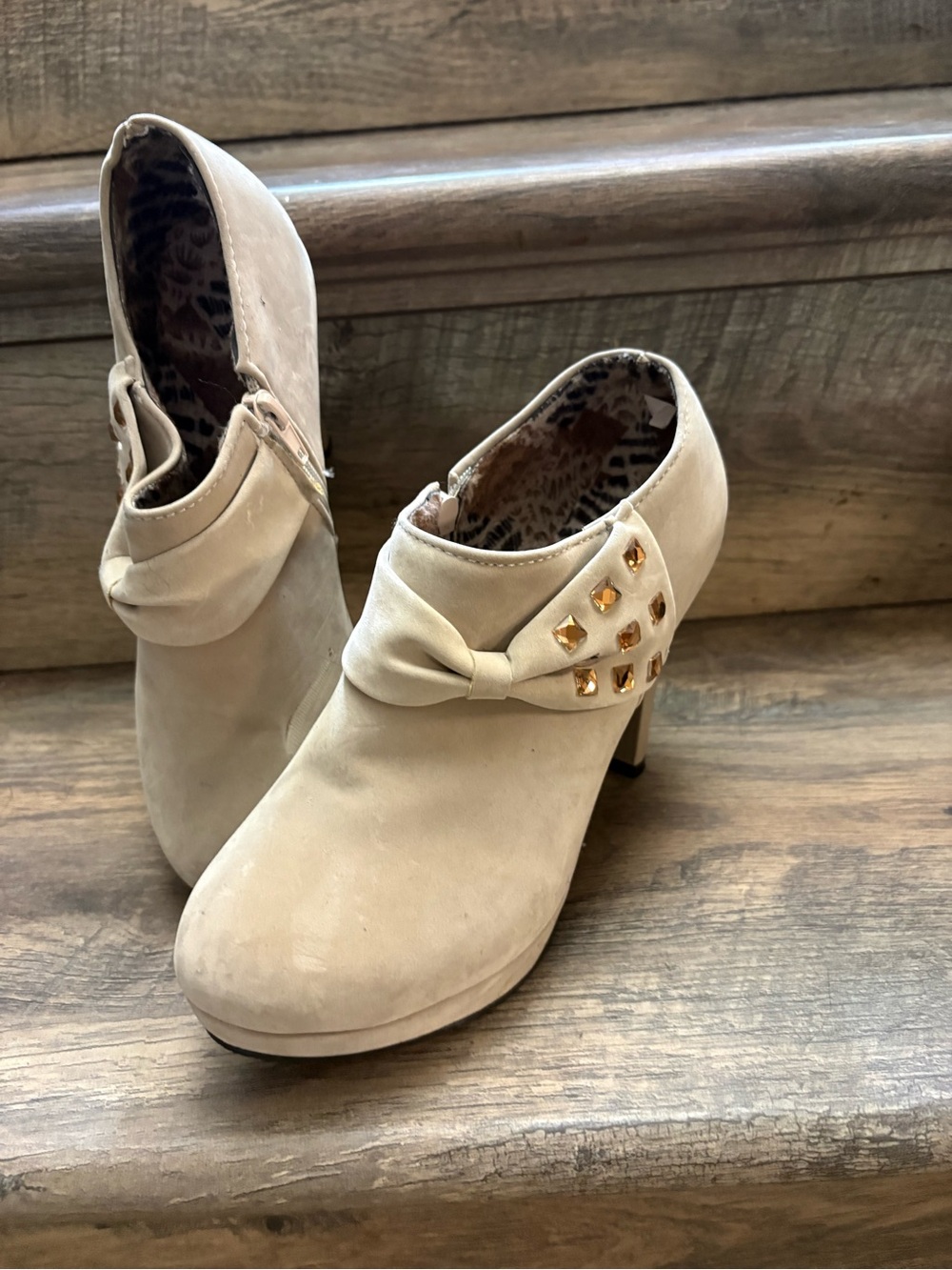 Beige Studded Bow Ankle Booties - Women Shoes